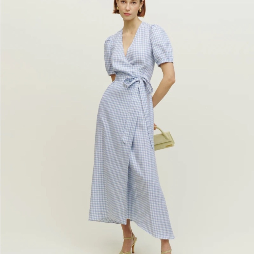 Reformation Blue Gingham Linen Weiss Wrap Dress